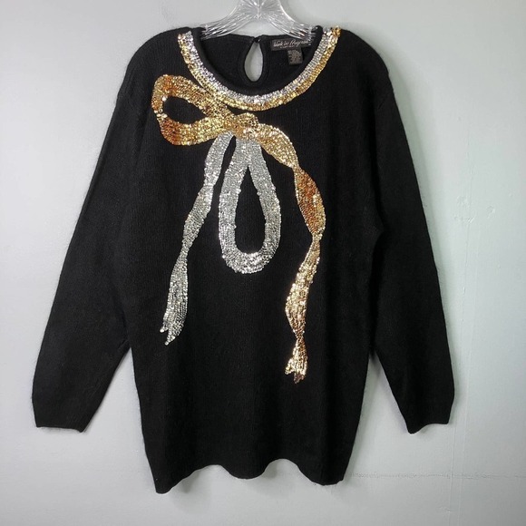 Vtg Work In Progress Sequin Bow Silk Angora Blend Black Holiday Sweater Sz 14/16 - Picture 10 of 17